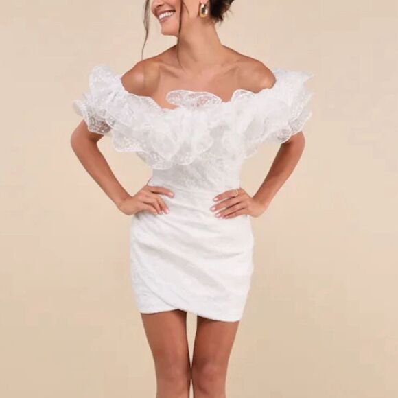 Lulus Women's White Ruffle Mini Dress Size M - Picture 3 of 3